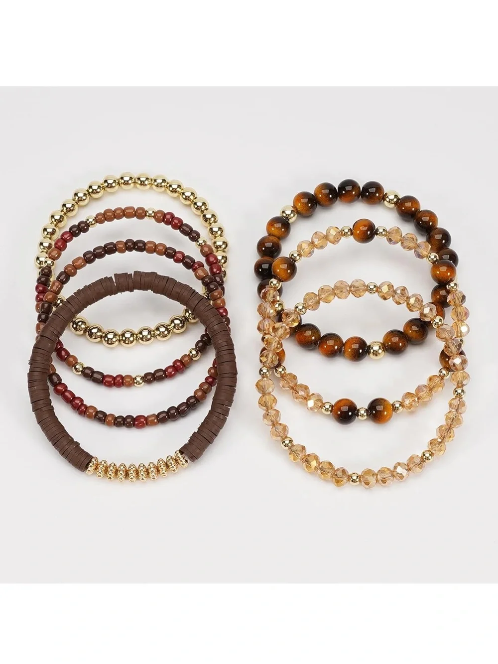 Anthropologie Brown, Gold & Amber Stackable Beaded Bracelet Set